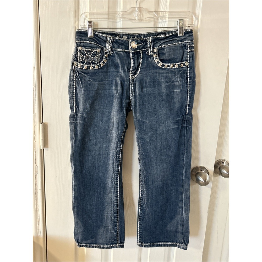 LA Idol USA Blue Denim Jeans Bling Flap Pkts Crop Womens Sz 5